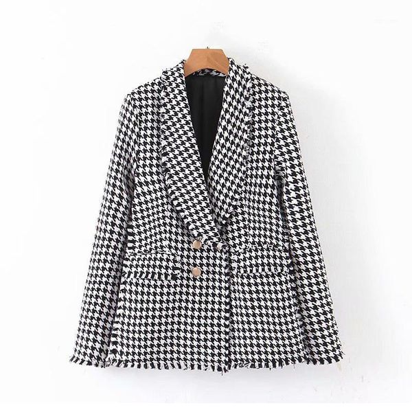 

vintage women black white plaid suit jackets 2019 fashion ladies double breasted elegant coats female feminine outwear chic girl1, Black;brown