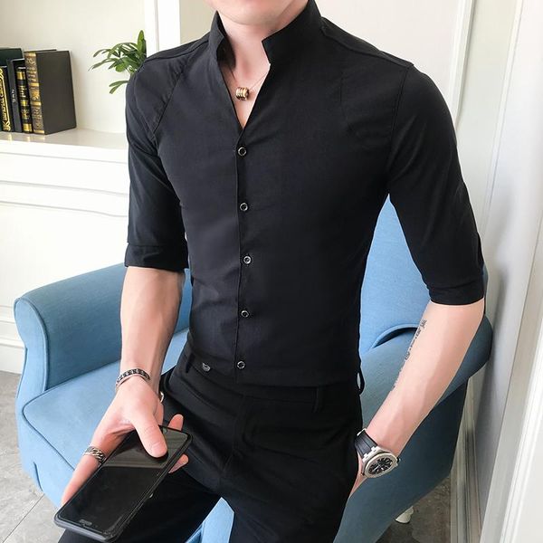 

men's casual shirts spring youth simple wild nightclub collar shirt seven sleeves slim korean version of the trend handsome, White;black