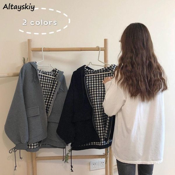 

jackets womens spring autumn oversize 2xl hooded couple all-match plaid loose ulzzang korean style ins drawstring bf streetwear, Black;brown