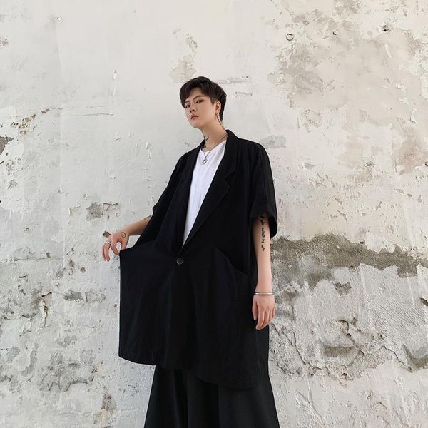 

men oversize cotton linen short sleeve loose casual trench coat male streetwear hip hop gothic thin outerwear long jacket1, White;black