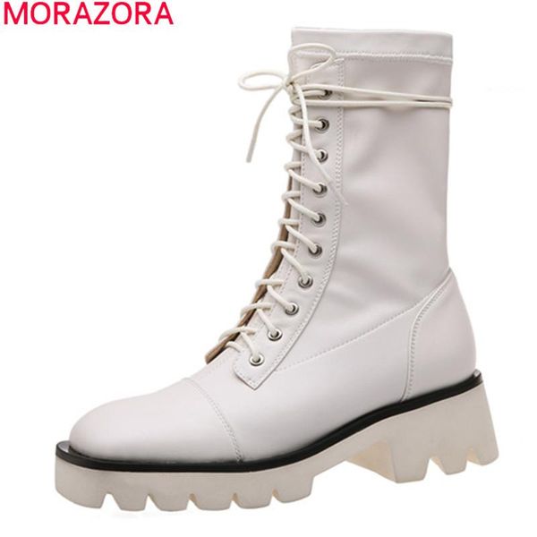 

boots morazora brand women med heels square toe casual ladies shoes autumn winter black white ankle for woman