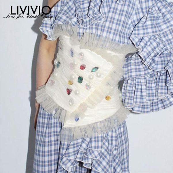 

livivio] mesh ruffle diamond corset cummerbund wide belts for women waist belt 2020 new fashion accessories, Black;brown