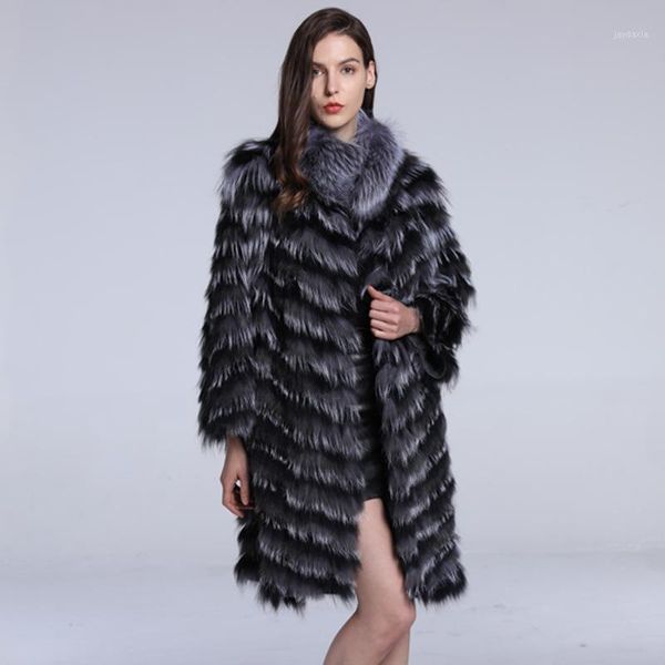 

clothes 2021 new style natural winter warm thick long full sleeve collar outwear splicing design real fur coat women1, Black