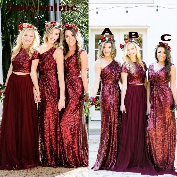

shinny sequined burgundy bridesmaid dresses 2021 wedding guest dresses plus size maid of honor gowns bm1973, White;pink