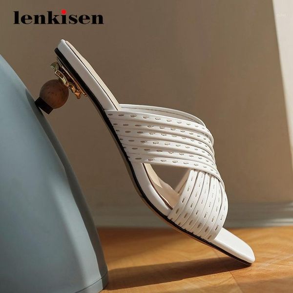 

lenkisen new genuine leather streetwear gorgeous fashion square toe high strange heel women shoes beauty lady summer sandals l211, Black