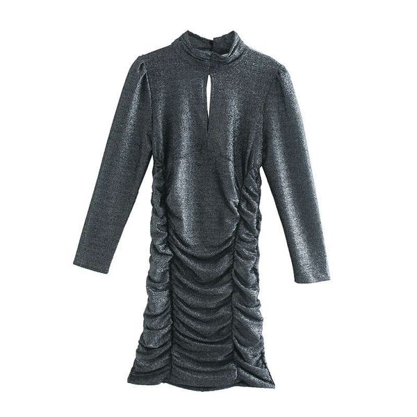 

fall 2020 new style high collar metallic line pleated slim short dress 2731272, Black;gray