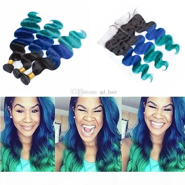 

1b blue green human hair bundles with lace frontal 13x4 full lace frontal with ombre teal body wave wavy hair weft, Black;brown