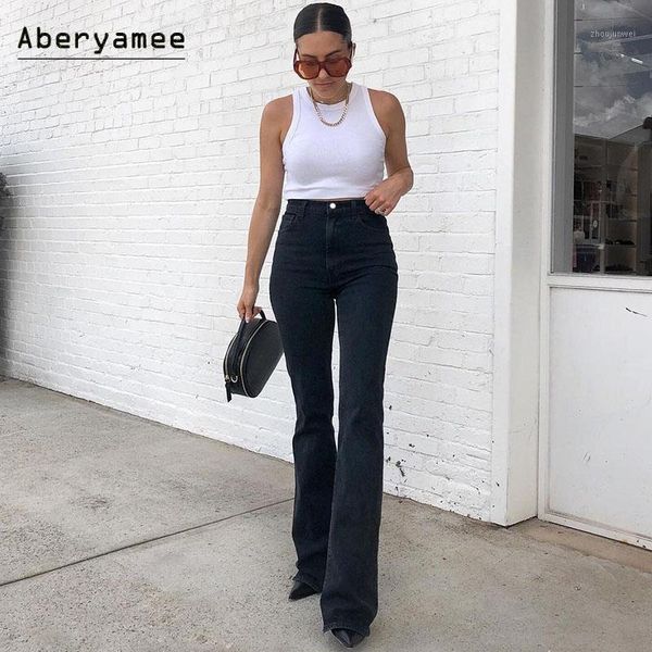 

aberyamee women's jeans black micro-flare trousers slim high waist long pants vintage elastic street ladies new fashion bottoms1, Blue
