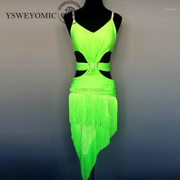 

green new style latin dance costume stones tassel latin dance dress for women girls competition dresses1, Black;red