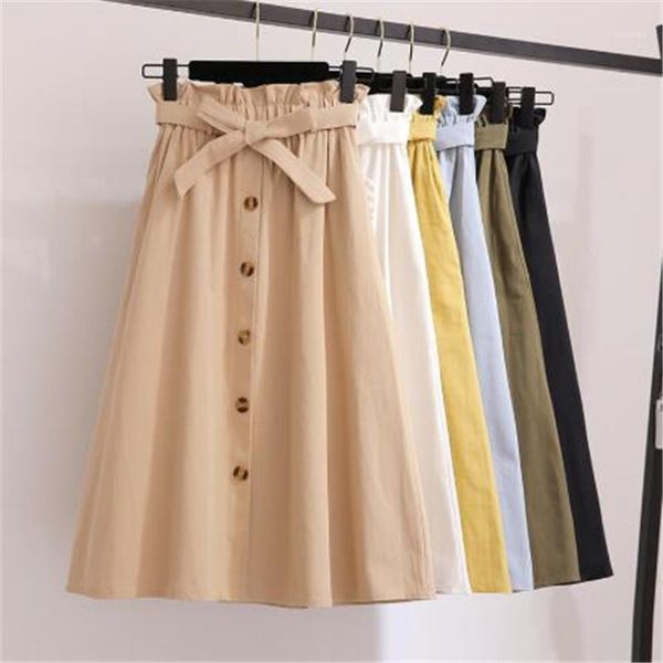

summer autumn skirts womens 2018 midi knee length korean elegant button high waist skirt female pleated school skirt1, Black