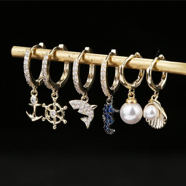 

migga 6pcs ocean world dangle earrings set gold color dolphin hippocampus anchor rudder imitation pearl earrings jewelry, Silver