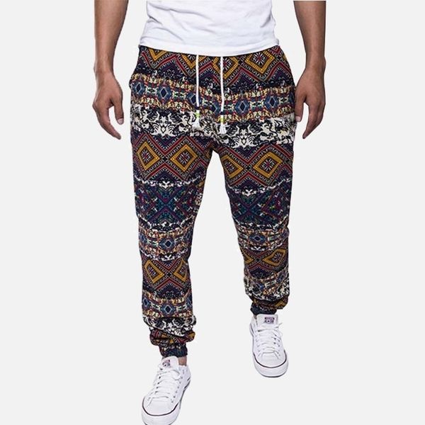 

hawaiian men's floral print cotton linen long harem pants blue drawstrings pockets man trousers summer streetwear joggers male 201116, Black