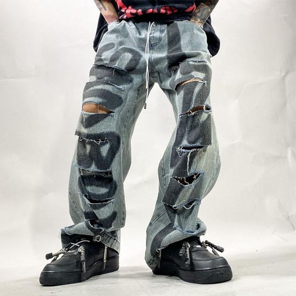 

hole rock graffiti letter hip hop blue jeans harem pants men vintage denim casual pockets trousers retro male loose streetwear1