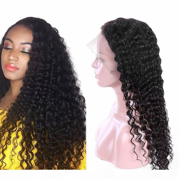 

deep curly full lace human hair wig 360 lace front 130% density human hair parts 360 lace frontal wig, Black;brown