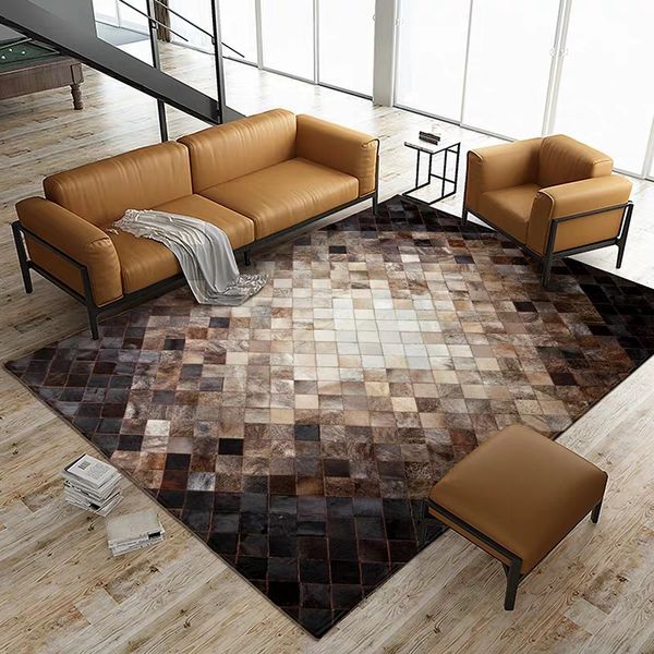 

american style luxury natural brown color cowhide patchwork rug genuine calfskin fur chequer carpet for living room