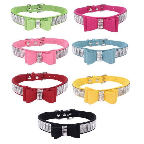 

home leather dog collar bling padded bow knot full rhinestone soft seude puppy cat pet collar for small medium breeds