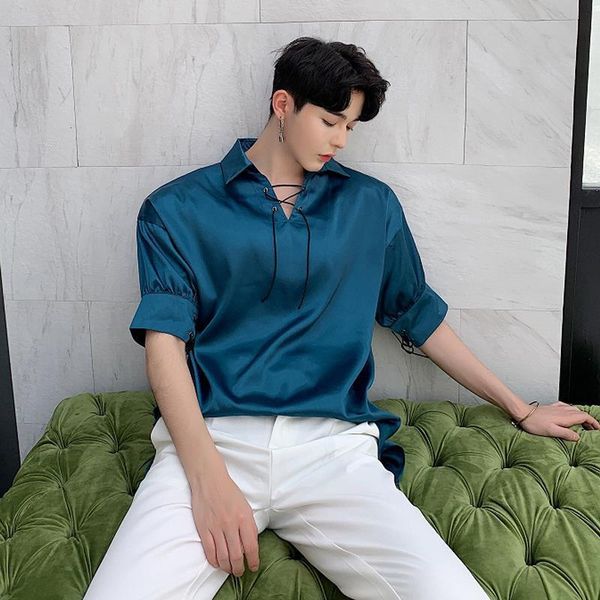 

summer 2020 men polo shirt short sleeve streetwear business loose casual retro silk shirt stage show dress shirt stage clothing, White;black