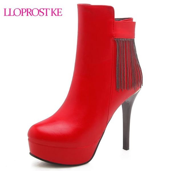 

boots lloprost ke women stiletto thin high heel platform short tassel ankle for round toe female wedding d312, Black