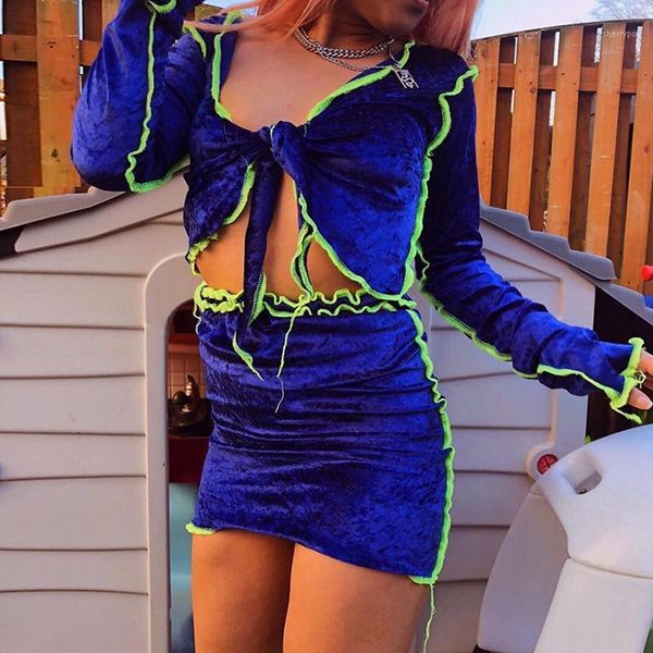 

2020 autumn new hit color patchwork women clothes long sleeve v neck bandage cardigan high waist skirt casual blue two piece set1, Gray