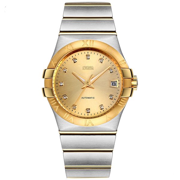 

klassische serie herren uhr gold/stahl diamanten konstellation automatische mechanische marke luxus uhr, Slivery;brown