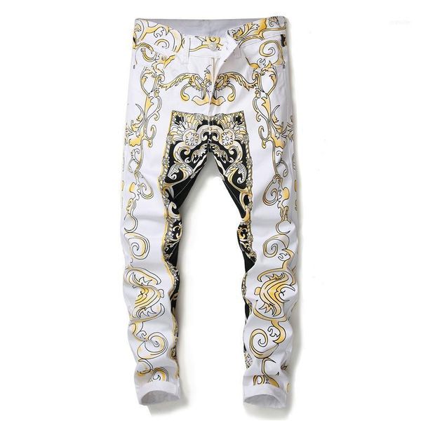 

european american style men's pants straight trousers painted yellow print skinny slim mens nightclub pants jeans11, Blue
