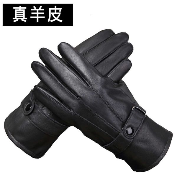 

leather for first gloves layer sheepskin men and women with plush warm motorcycle riding thin leather gloves winter labor protection, Blue;gray
