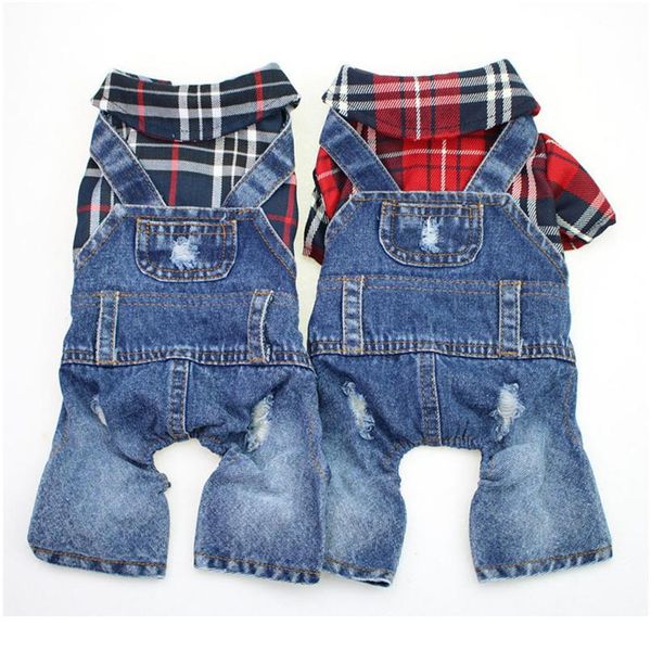 

plaid small dog clothes water wash old jean overalls puppy dog jacket cowboy pet coat jumpsuit clothing for small med jlltjz