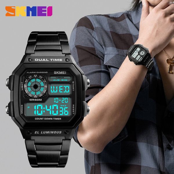 

skmei top роскошные моды спортивные часы мужские 5bar водонепроницаемые часы из нержавеющей стали ремешок цифровые часы reloj hombre 1335 20, Slivery;brown