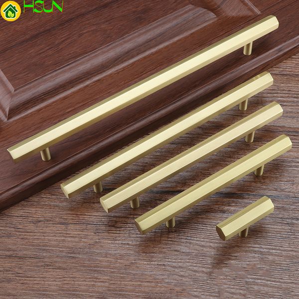 

2 pcs gold t bar solid brass hexagon handle cabinet pull for kitchen room straight dresser handle and knob furniture hardware