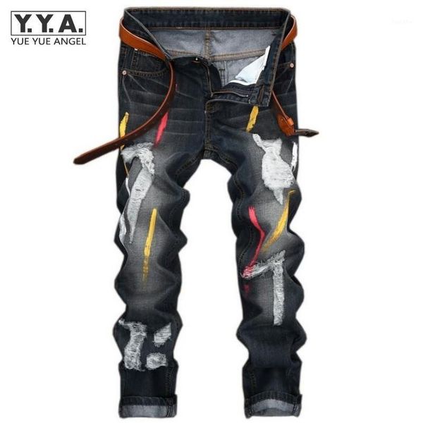 

mens jeans ripped colorful printed demin pants slim fit straight casual classic hip hop trousers ripped streetwear1, Blue
