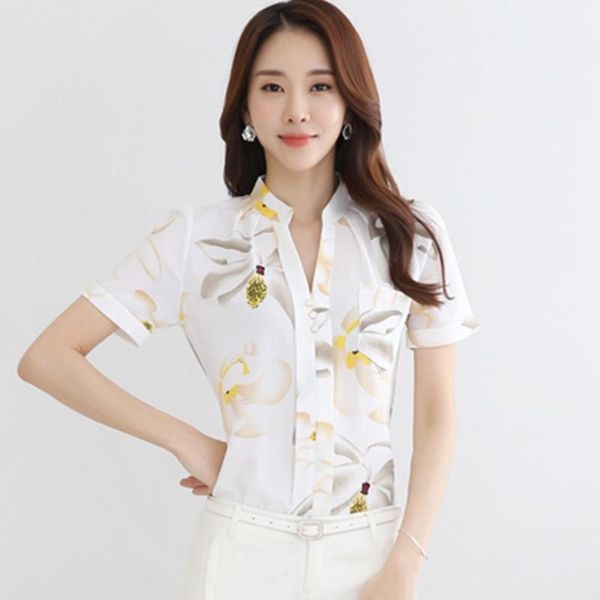 

women's blouses & shirts fashion women 2021 ladies v-neck slim chiffon blouse shirt office work wear plus size blusas, White