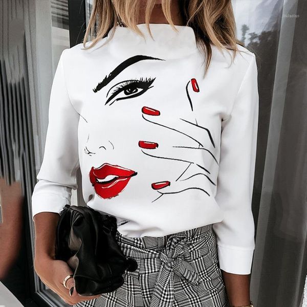 

autumn stand collar print women's blouse plus size long sleeve female blouses 2020 streetwear casual fashion office lady 1, White
