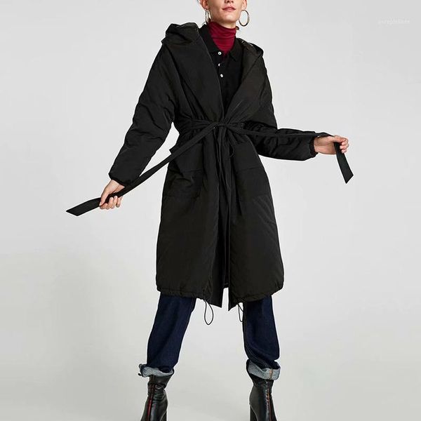 

bella philosophy women winter long sleeve belt warm hooded parkas vintage female sashes long thick coat casual lady outwears1, Black