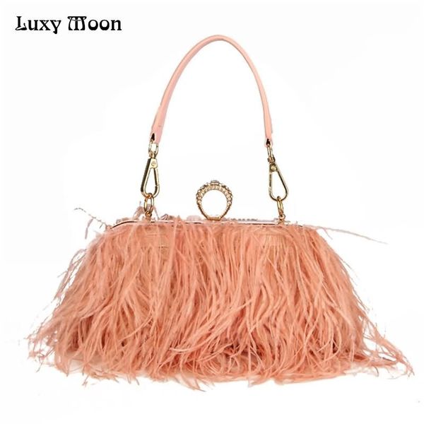 

luxy moon designer ostrich fur feather wallet clutch bag women clutch diamond knuckle rings dinner evening bag chain purse zd855 y200623