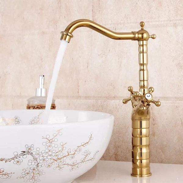 

gold color basin faucet deck mounted bathroom mixer luxury brass tap double handle gz 7307k sqcozg new_dhbest