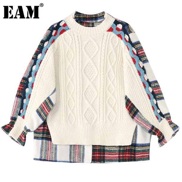 

[eam] plaid big size knitting sweater loose fit round neck long sleeve women pullovers new fashion autumn winter 2020 lj201114, White;black