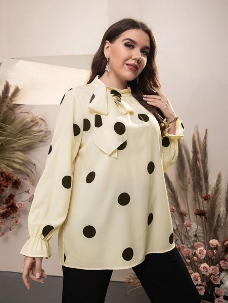 

plus polka dot flounce sleeve tie neck blouse t0nk#, Black