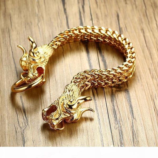

men's punk double dragon head herringbone chain bracelet for men braslet stainless steel gold tone hip hop male jewelry 22.5cm, Black