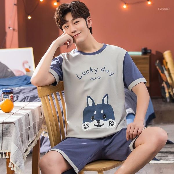 

plus size 3xl 4xl 5xl 95kg nightwear short sleeve summer cute cotton pajamas sets print sleepwear short pant male men pajama set1, Black;brown