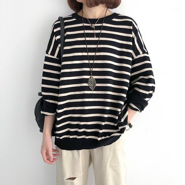

autumn winter fashion female knitting sweater stripe loose plus size long sleeve women pullover thin o-neck buttons knitshirt1, White;black