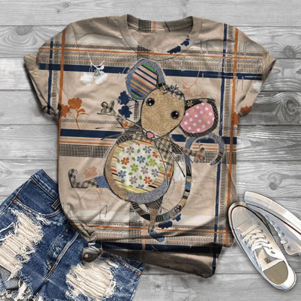 

t-shirt women 3d animal cute mouse printed retro vintage o-neck short sleeve tee plus size t shirt camisas poleras mujer, White