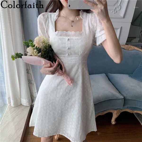 

colorfaith new 2020 summer women dresses square collar lantern sleeve lace elegant vintage casual hollow out floral dress dr96801, Black;gray