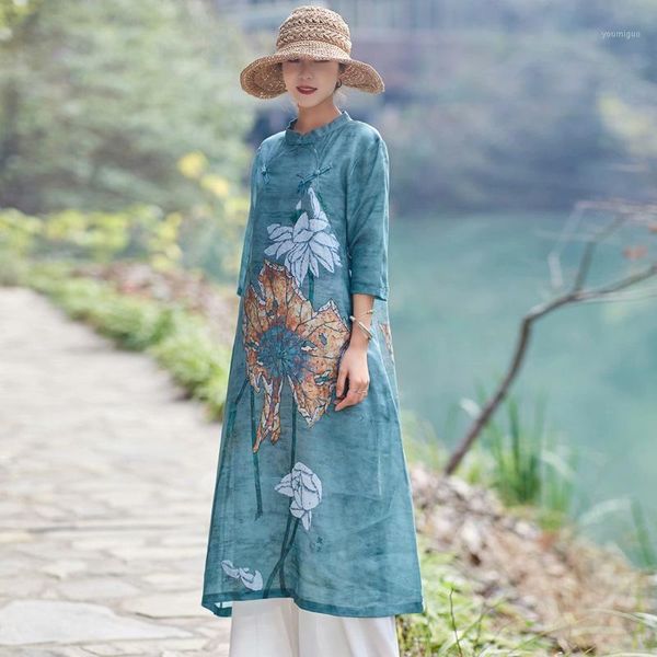 

3 colors summer thin lotus flowers print a line traditional dress, vintage stand collar three quarter sleeve frog button robes1, Black;gray
