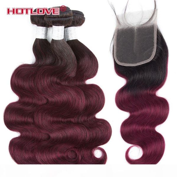 

brazilian body wave ombre human hair weaves 3 bundle with lace closure with baby hair two tone color 1b 99j dark roots burgundy, Black;brown