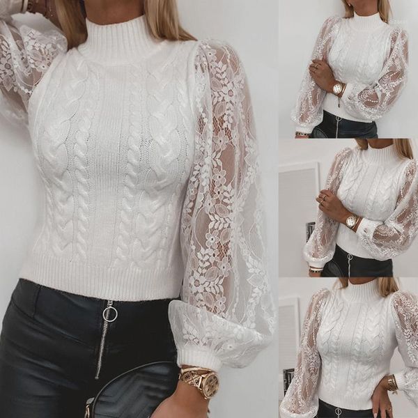 

women turtleneck twist sweater winter fall stitching lace lantern sleeve knitted jumper ladies pullover and sweater new d301, White;black