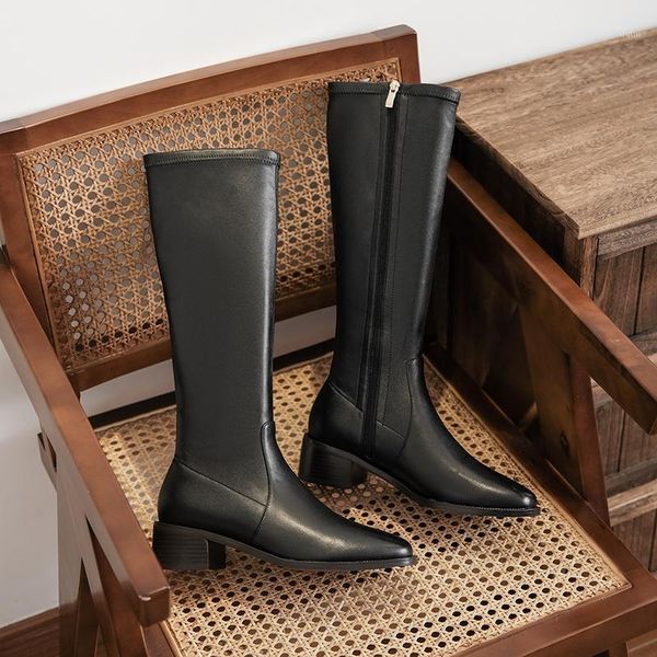 

new winter style knee high boots genuine leather women boots warm motorcycle square head female cowhide women shoes1, Black