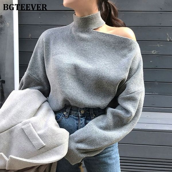 

bgteever turtleneck cold-shoulder loose women knitted pullover winter casual solid female sweater jumpers femme knit y200720, White;black