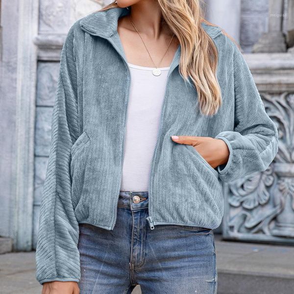 

women cardigans coat solid color turn-down collar with zipper access pockets simple style solid color autumn clothing1, White