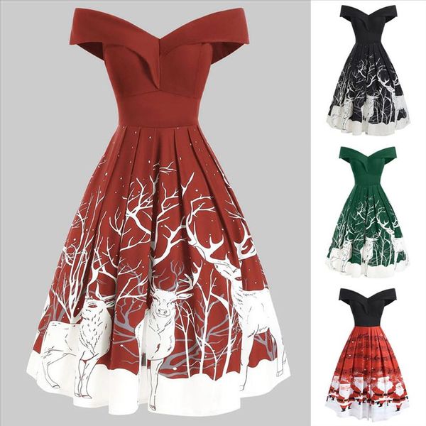 

merry christmas dress fashion women vintage print off shoulder v neck evening party dress vestido de mujer, Black;gray