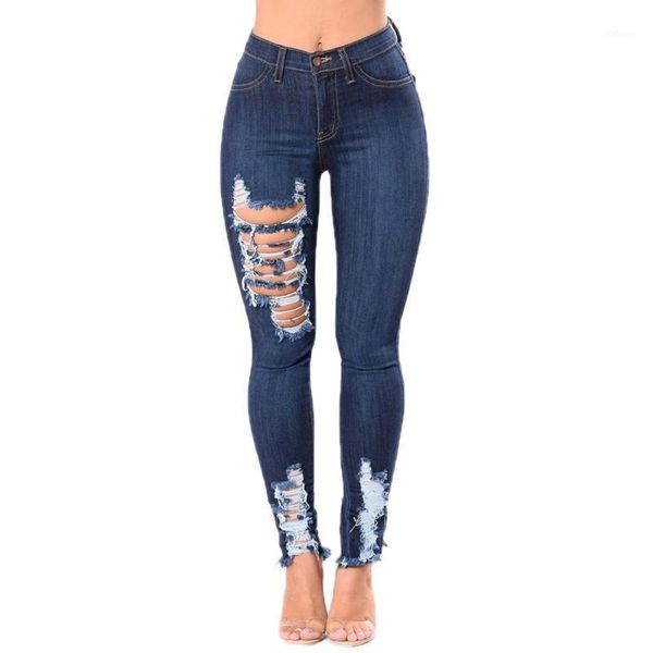

missky women ripped jeans high waist lady slim fit pencil pants trousers1, Blue